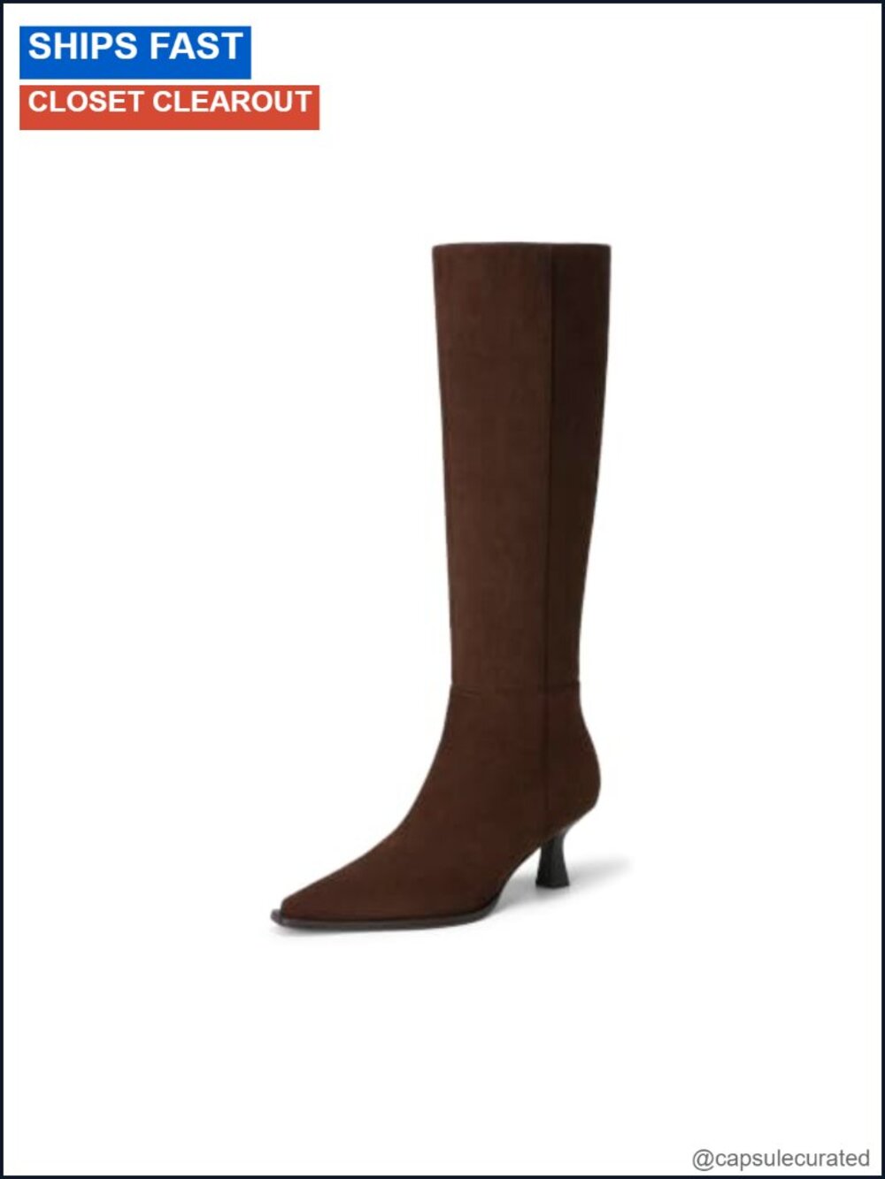 Kitten Heel Knee High Boots Zip Up Faux Suede Pointed Toe
